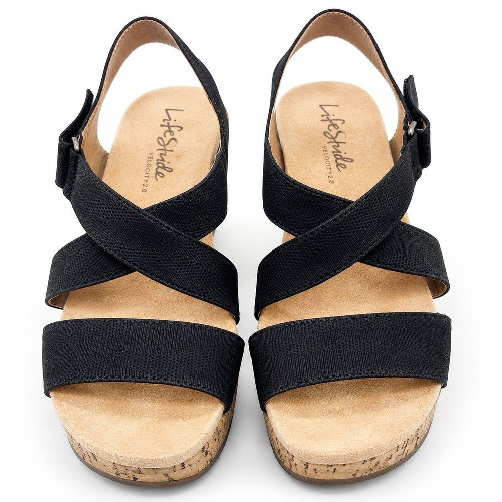 LifeStride Velocity 2.0 Black Cork Wedge Sandals Women’s Size 9 Touch Fasteners
